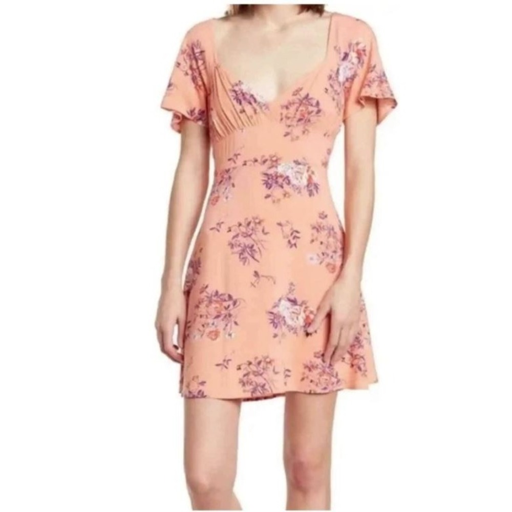 Abound Women's V-Neck Short Sleeve Mini Dress in Coral Aster Bouquet Dress Small
